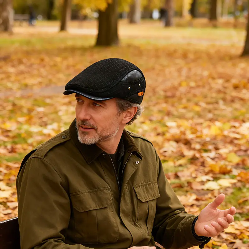 Men's Plaid Duck Cap Hat Brown Warm - Image 6