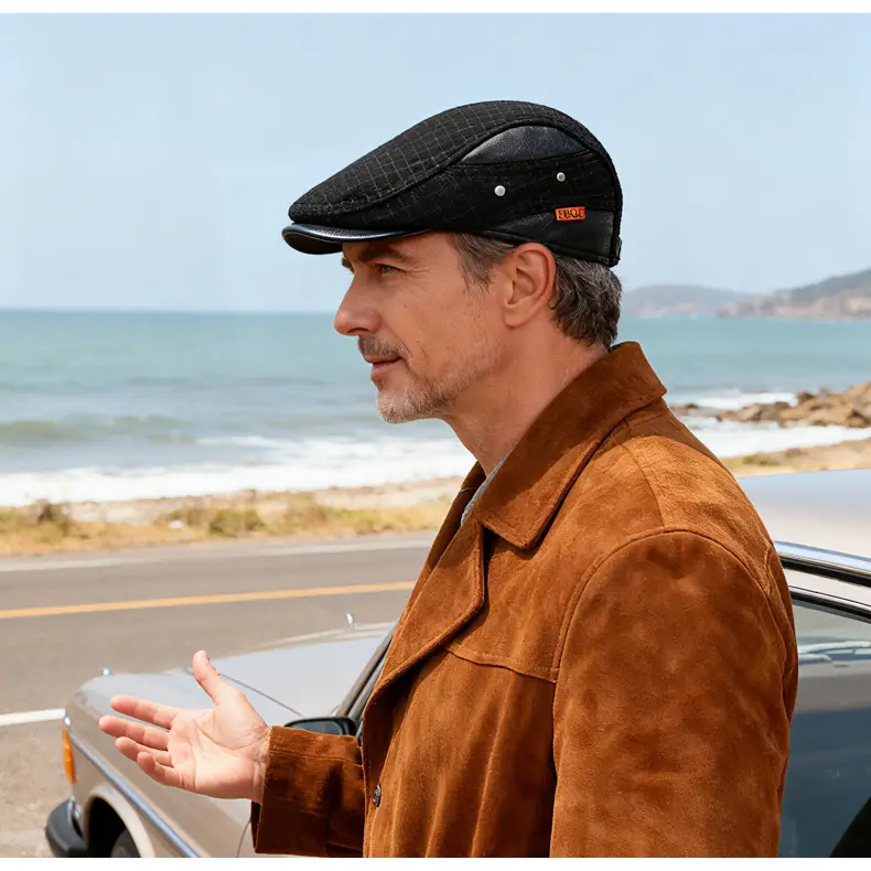 Men's Plaid Duck Cap Hat Brown Warm — feature 18