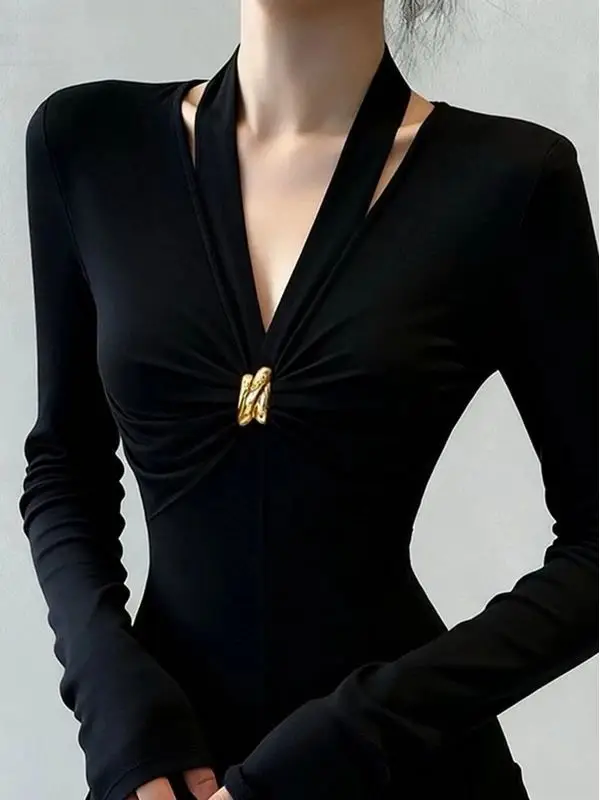 Early Autumn New Black Slim Fit Elegant Top Fashionable High-End Design V Neck Pleated Long-Sleeved T-Shirt