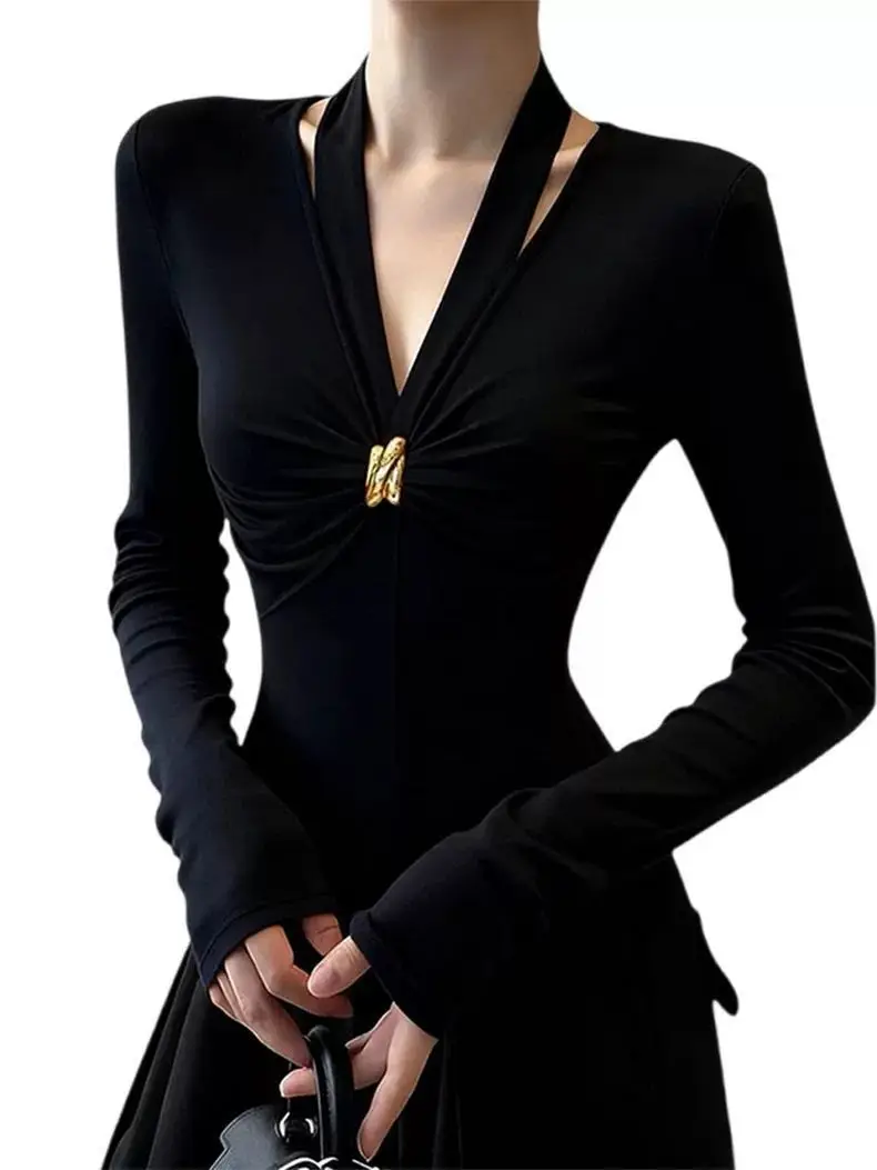Early Autumn New Black Slim Fit Elegant Top Fashionable High-End Design V Neck Pleated Long-Sleeved T-Shirt