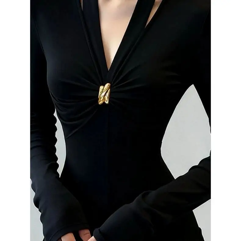 Early Autumn New Black Slim Fit Elegant Top Fashionable High-End Design V Neck Pleated Long-Sleeved T-Shirt — feature 5