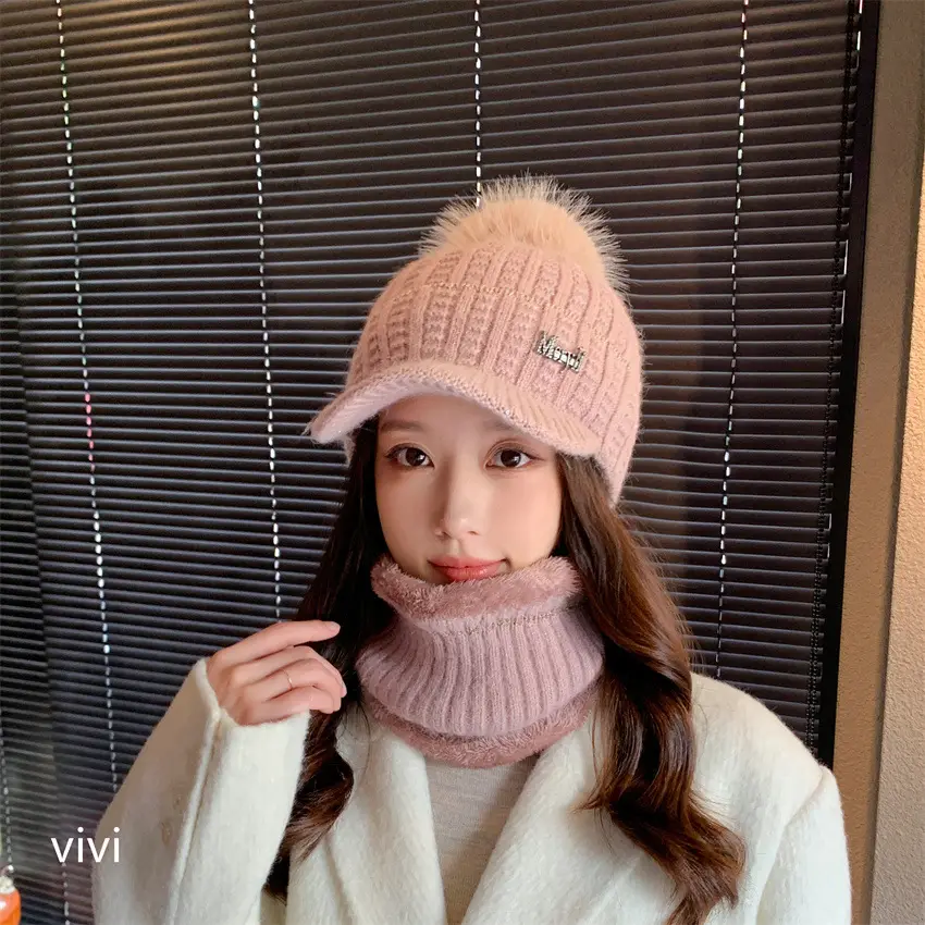 Pink Fleece Warm Ear Flap Hat with Pom Pom — feature 2