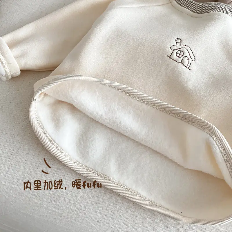 Baby Velvet T-Shirt with Embroidered House Design, Cream, Non-Falling, 2025 Winter - Image 4