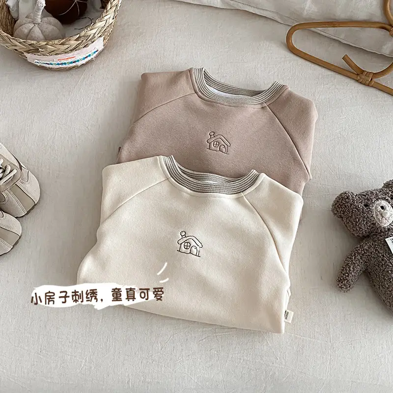 Baby Velvet T-Shirt with Embroidered House Design, Cream, Non-Falling, 2025 Winter - Image 5