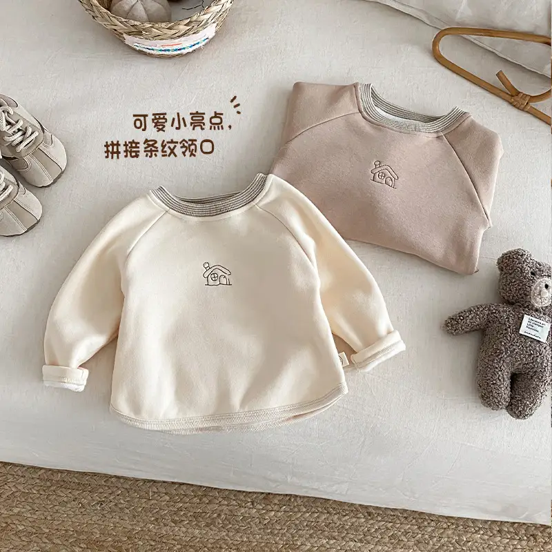 Baby Velvet T-Shirt with Embroidered House Design, Cream, Non-Falling, 2025 Winter - Image 6