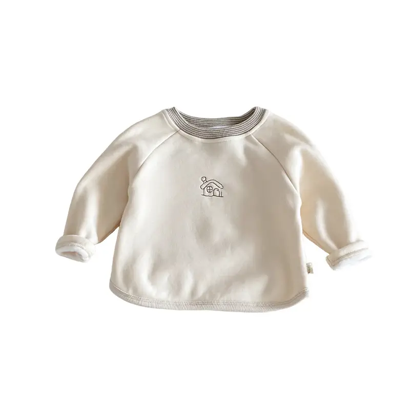 Baby Velvet T-Shirt with Embroidered House Design, Cream, Non-Falling, 2025 Winter - Image 7