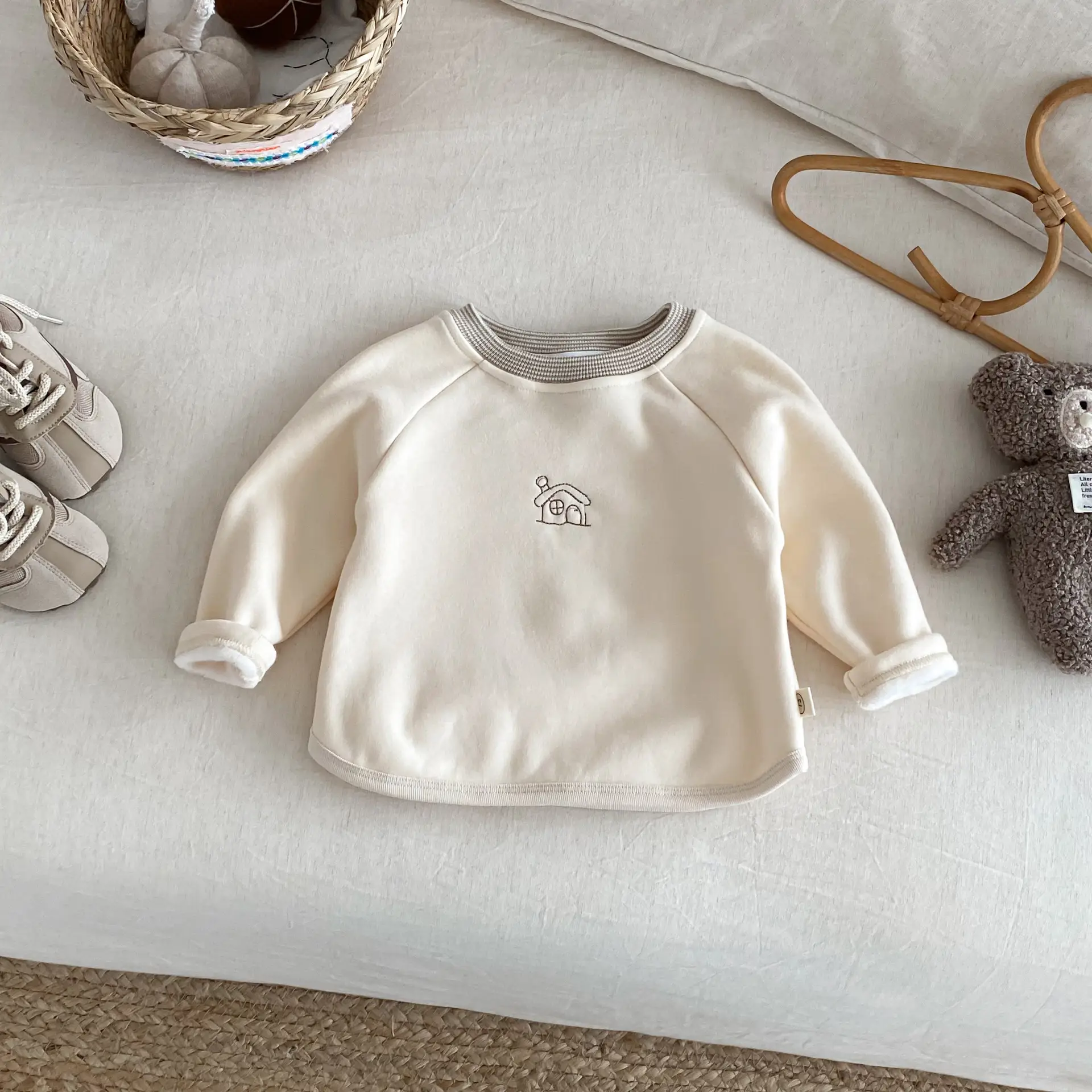Baby Velvet T-Shirt with Embroidered House Design, Cream, Non-Falling, 2025 Winter - Image 2