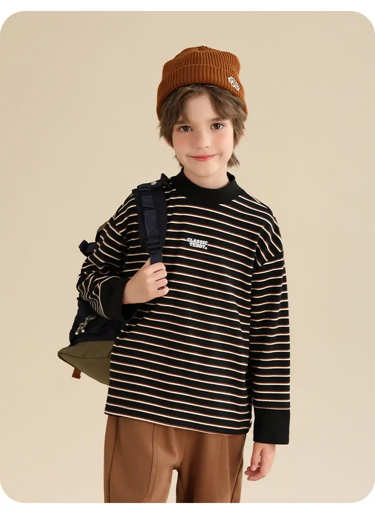 Kids Striped Teddy Boy Long Sleeve T-Shirt Warm Base Layer — feature 14