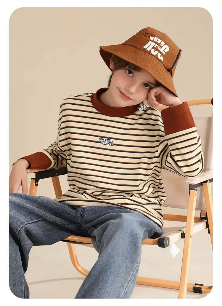 Kids Striped Teddy Boy Long Sleeve T-Shirt Warm Base Layer — feature 15