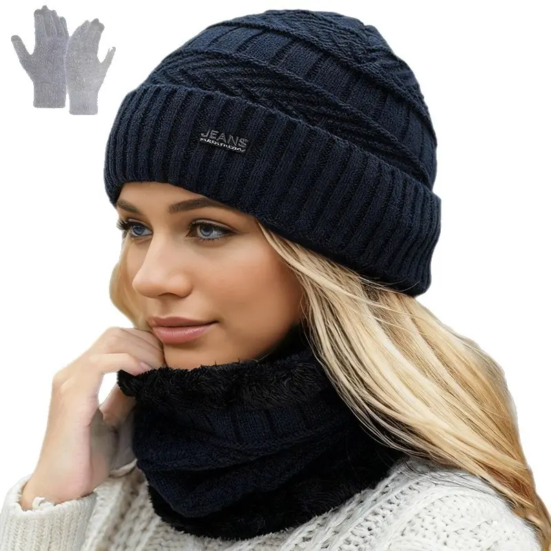 Cross-Border Hat Three-Piece Set, Warm Neck Scarf for Men and Women, Winter Velvet Thickened Knitted Hat, Touch Screen Gloves, Woolen Hat
