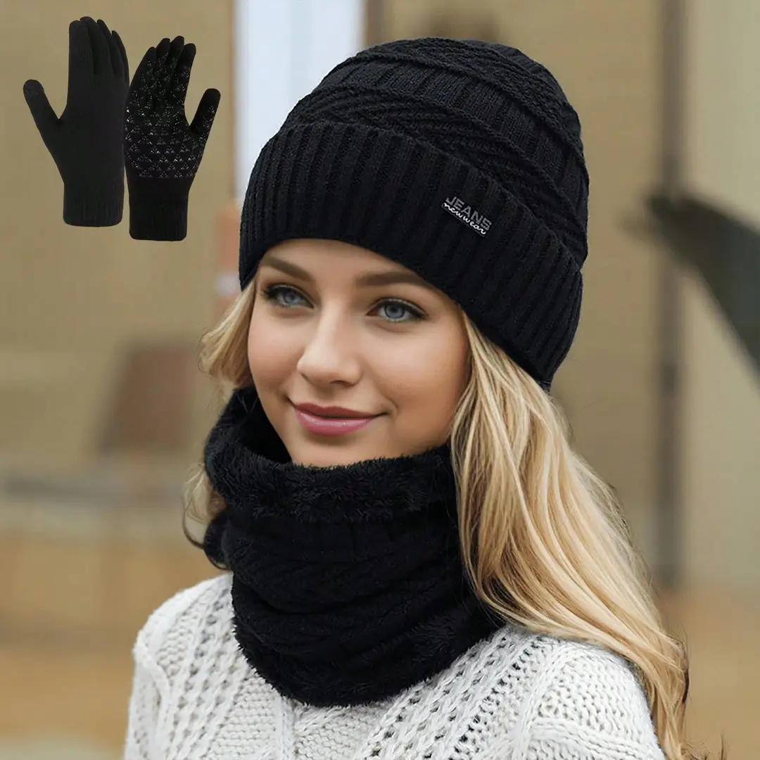 Cross-Border Hat Three-Piece Set, Warm Neck Scarf for Men and Women, Winter Velvet Thickened Knitted Hat, Touch Screen Gloves, Woolen Hat — feature 1