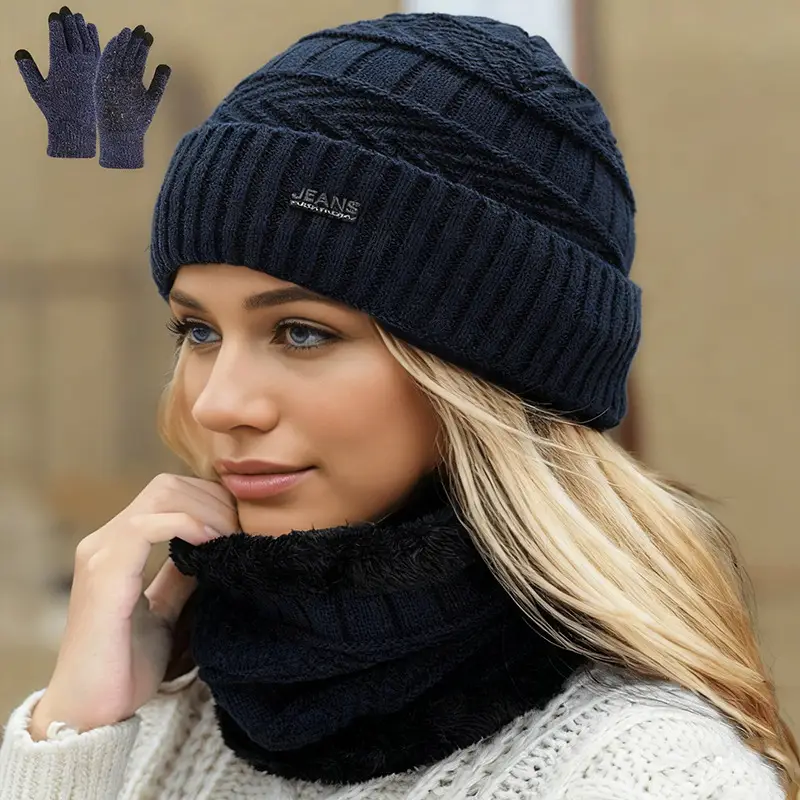 Cross-Border Hat Three-Piece Set, Warm Neck Scarf for Men and Women, Winter Velvet Thickened Knitted Hat, Touch Screen Gloves, Woolen Hat — feature 2