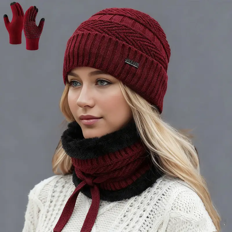 Cross-Border Hat Three-Piece Set, Warm Neck Scarf for Men and Women, Winter Velvet Thickened Knitted Hat, Touch Screen Gloves, Woolen Hat — feature 4