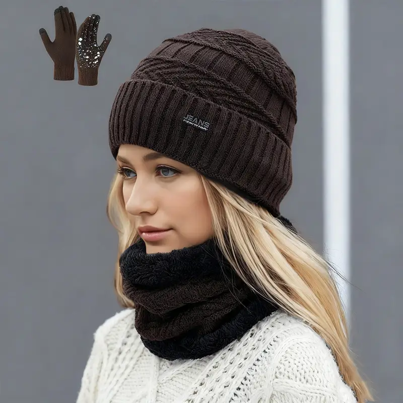 Cross-Border Hat Three-Piece Set, Warm Neck Scarf for Men and Women, Winter Velvet Thickened Knitted Hat, Touch Screen Gloves, Woolen Hat