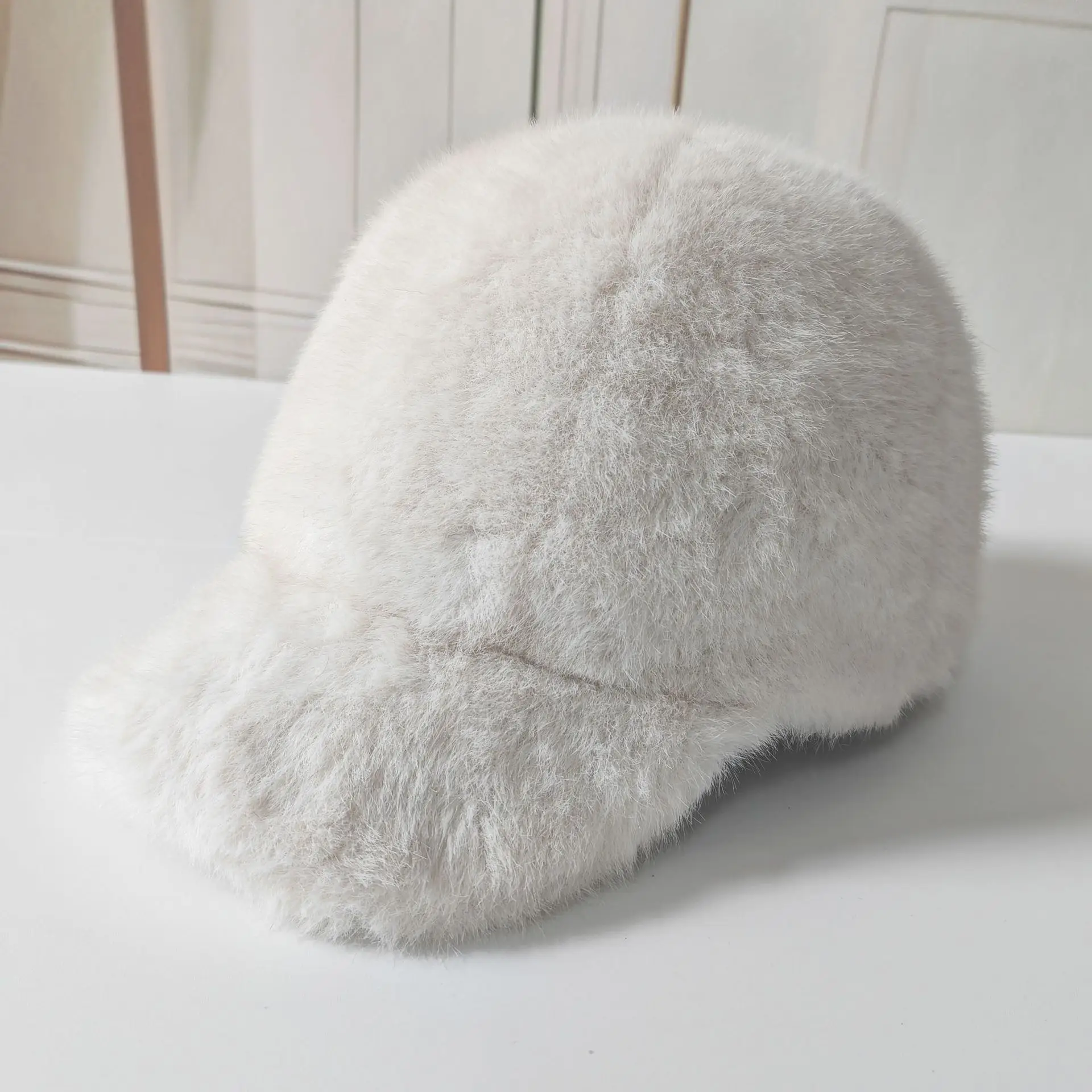 Black Faux Fur Peaked Cap Large Bristle Winter Warm