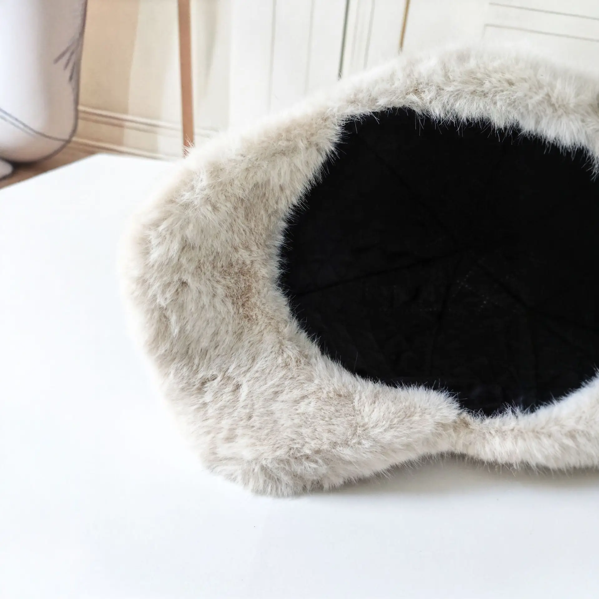 Black Faux Fur Peaked Cap Large Bristle Winter Warm