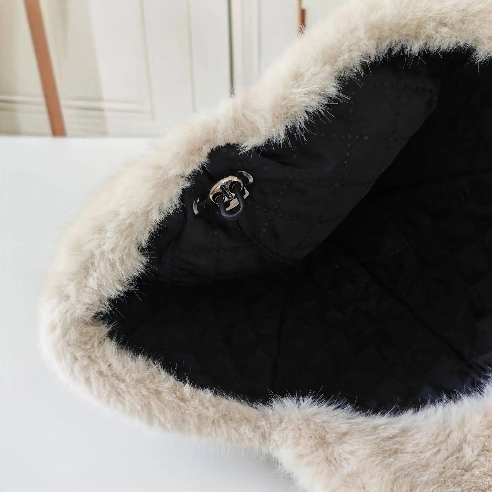 Black Faux Fur Peaked Cap Large Bristle Winter Warm