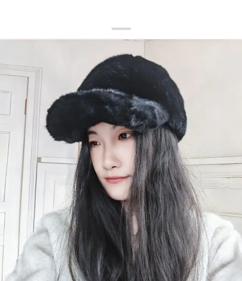 Black Faux Fur Peaked Cap Large Bristle Winter Warm — feature 2