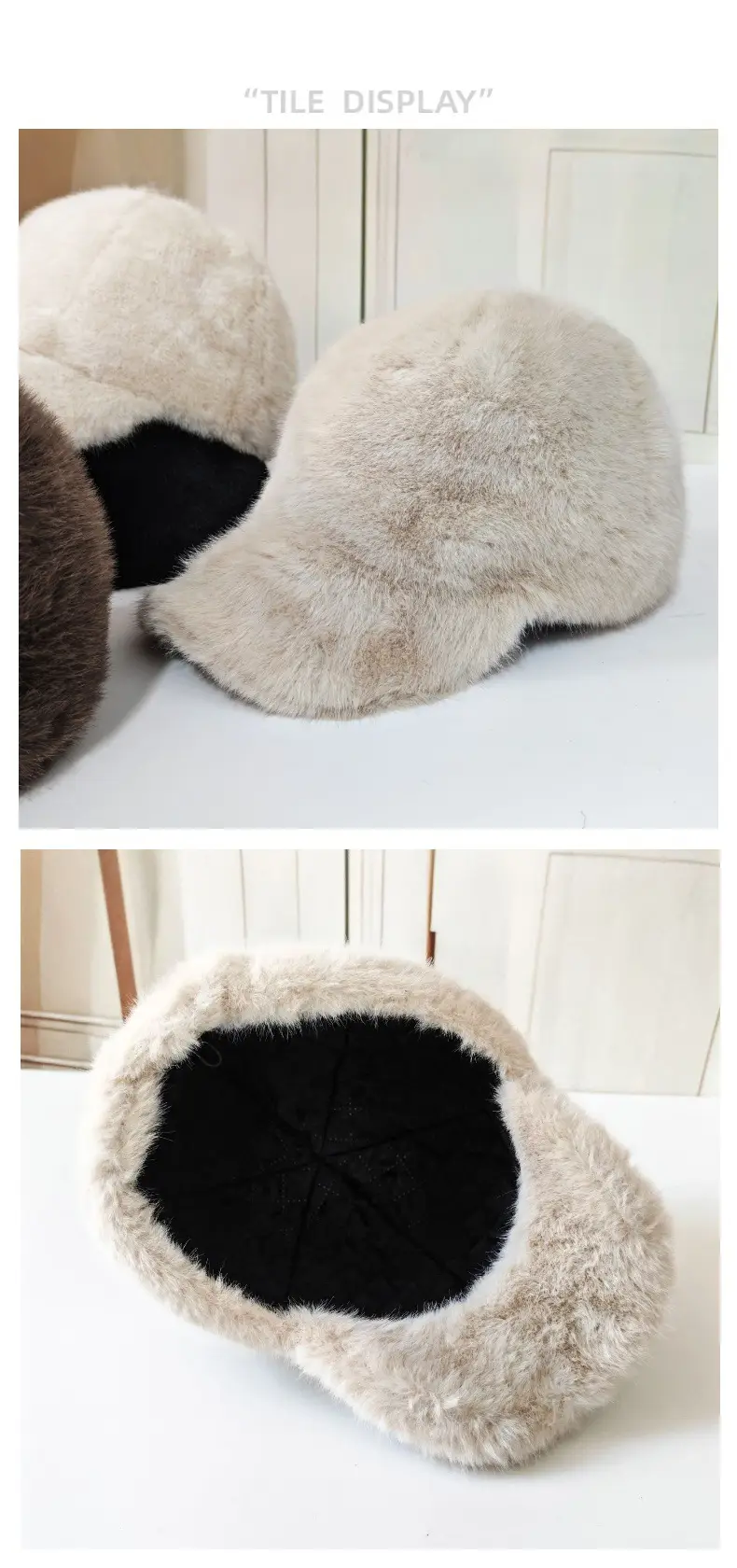 Black Faux Fur Peaked Cap Large Bristle Winter Warm — feature 7
