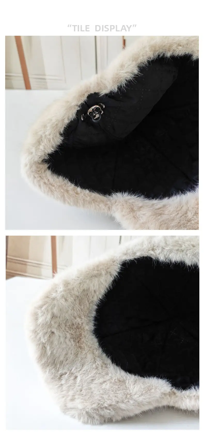 Black Faux Fur Peaked Cap Large Bristle Winter Warm — feature 8