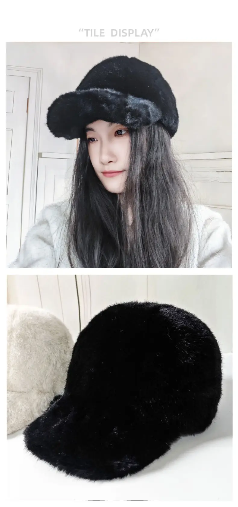 Black Faux Fur Peaked Cap Large Bristle Winter Warm — feature 9