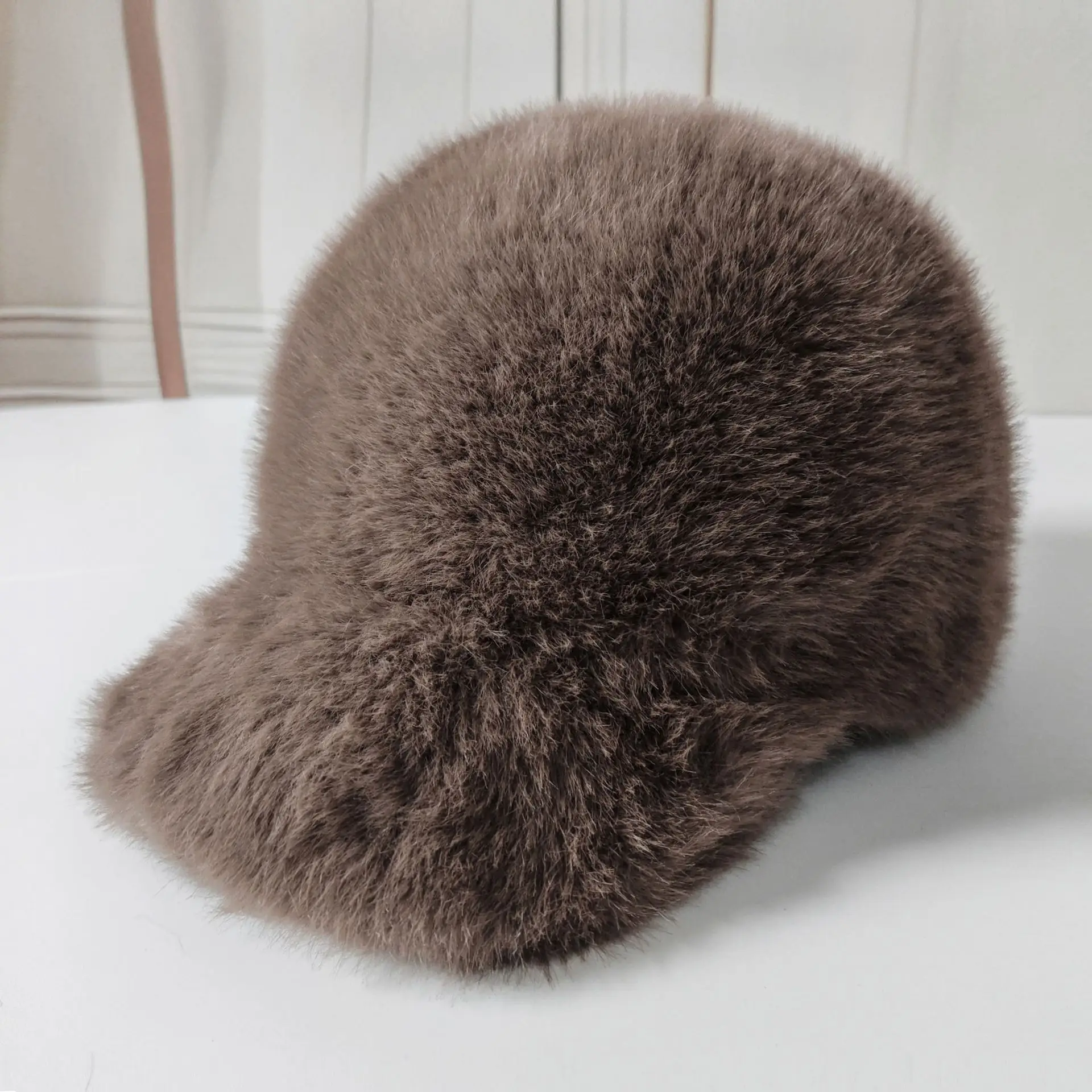 Black Faux Fur Peaked Cap Large Bristle Winter Warm