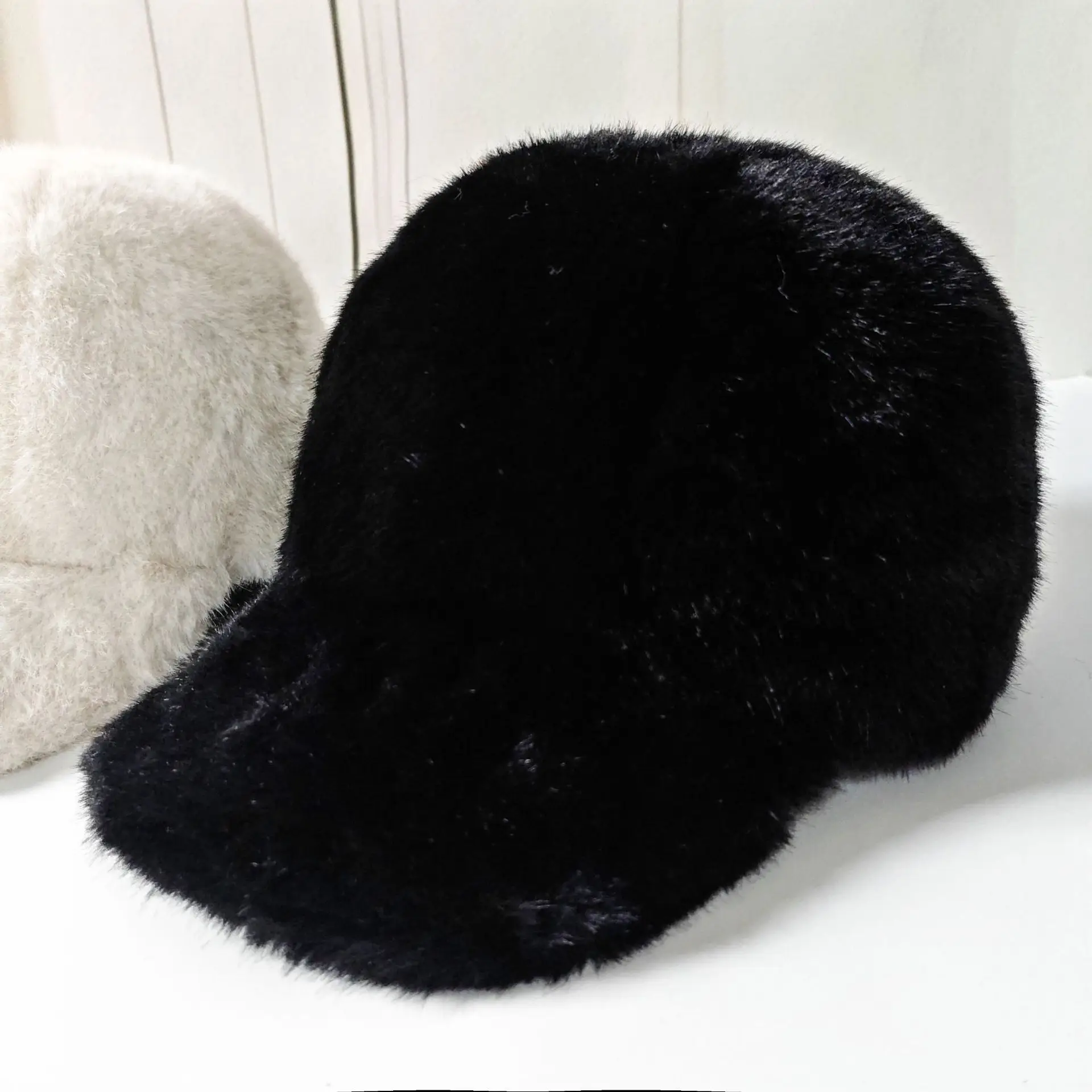 Black Faux Fur Peaked Cap Large Bristle Winter Warm