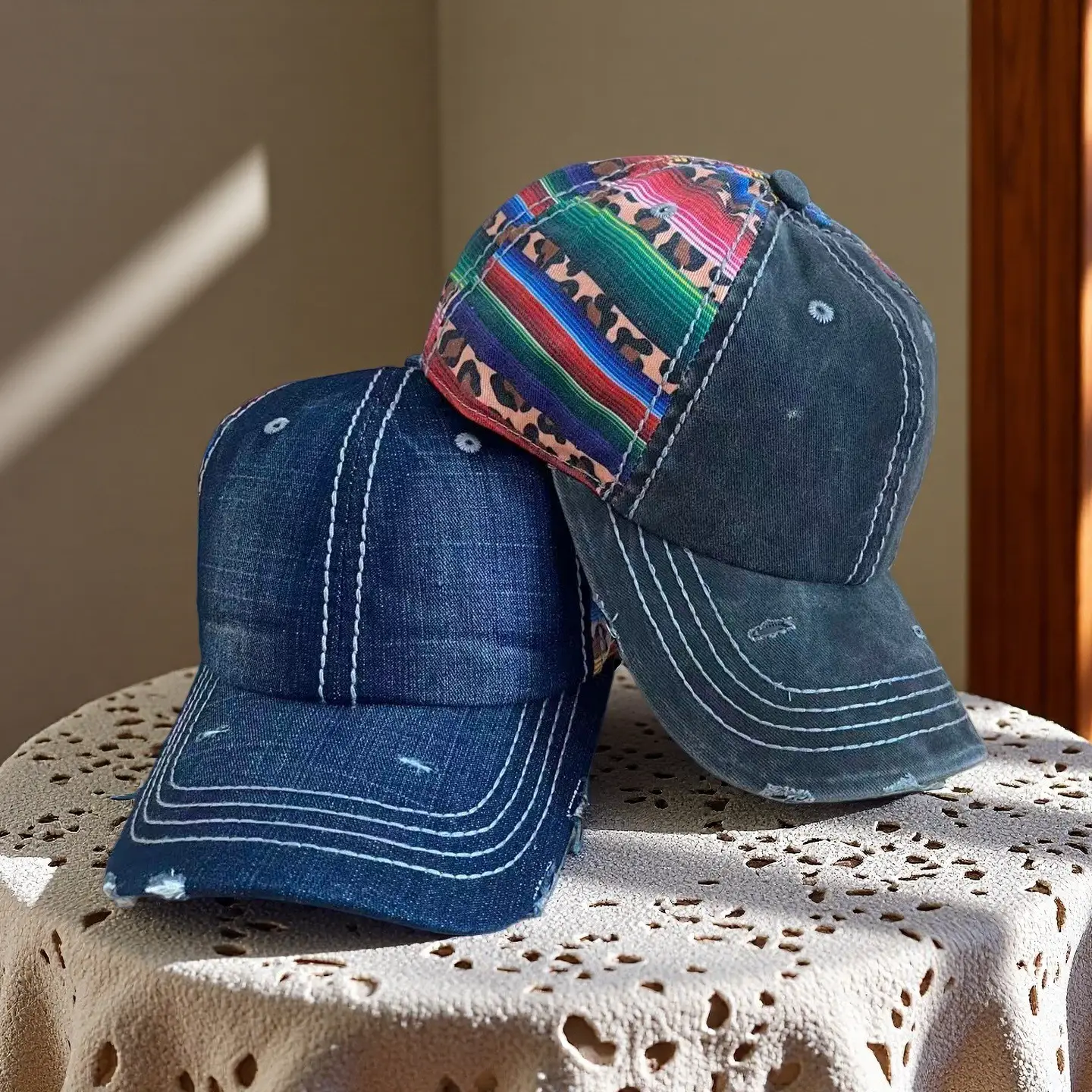 Cross-Border Denim Distressed Washed Personalized Printed Baseball Cap Autumn Winter Amazon Dad Hat Wholesale Soft Top Peaked Cap — feature 13