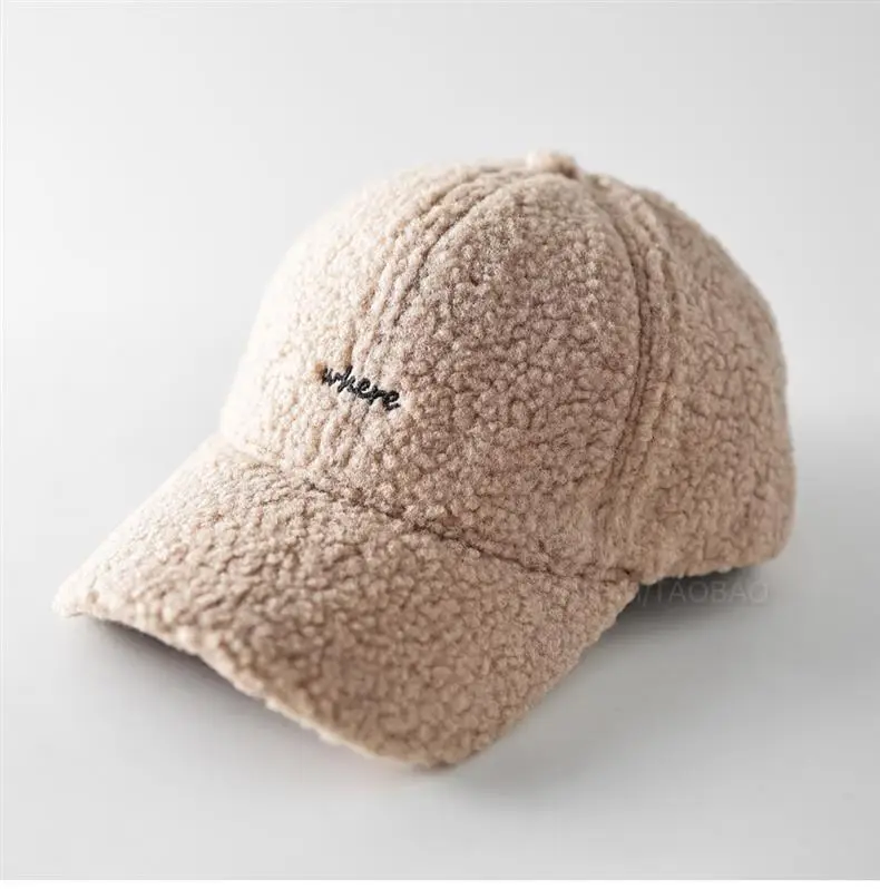 Lamb Wool Embroidered Baseball Cap Unisex Warm — feature 1