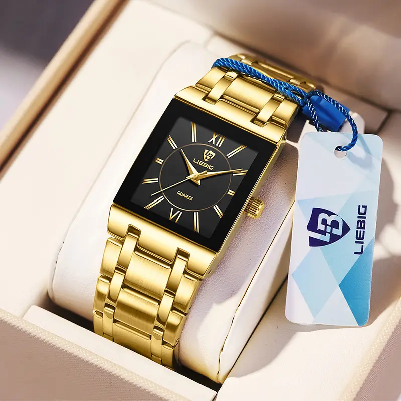 Gold Square Watch for Women with Roman Dial