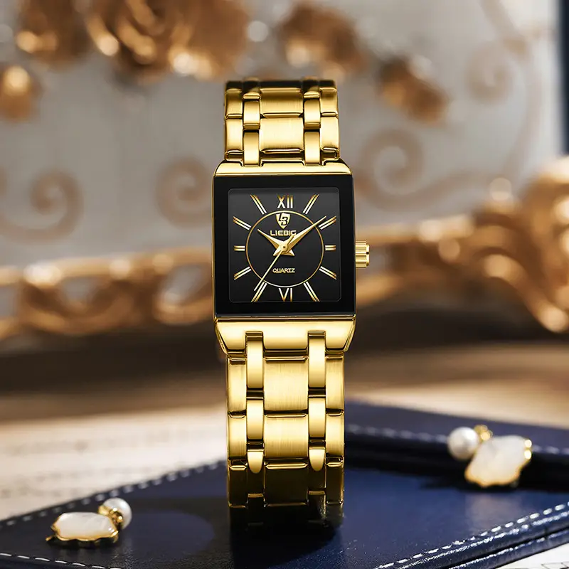Gold Square Watch for Women with Roman Dial