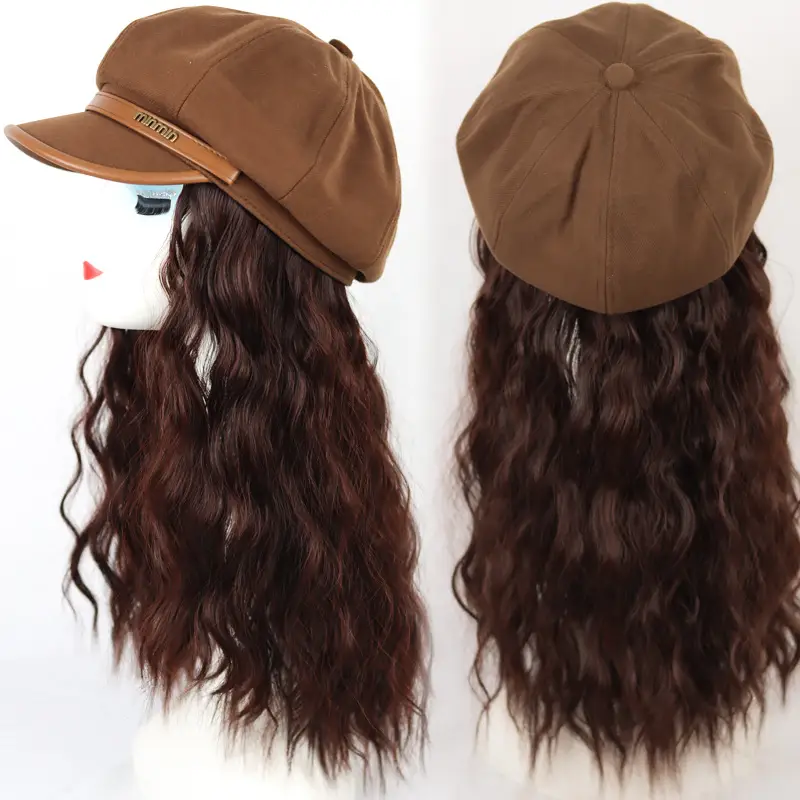 Women's Autumn Brown Wig Cap with Long Wavy Hair