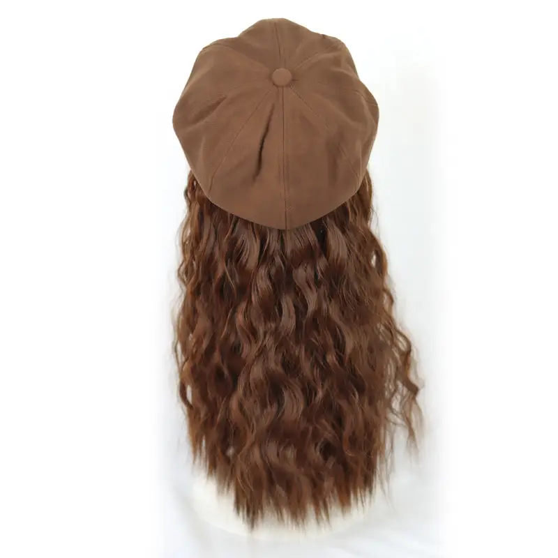 Women's Autumn Brown Wig Cap with Long Wavy Hair