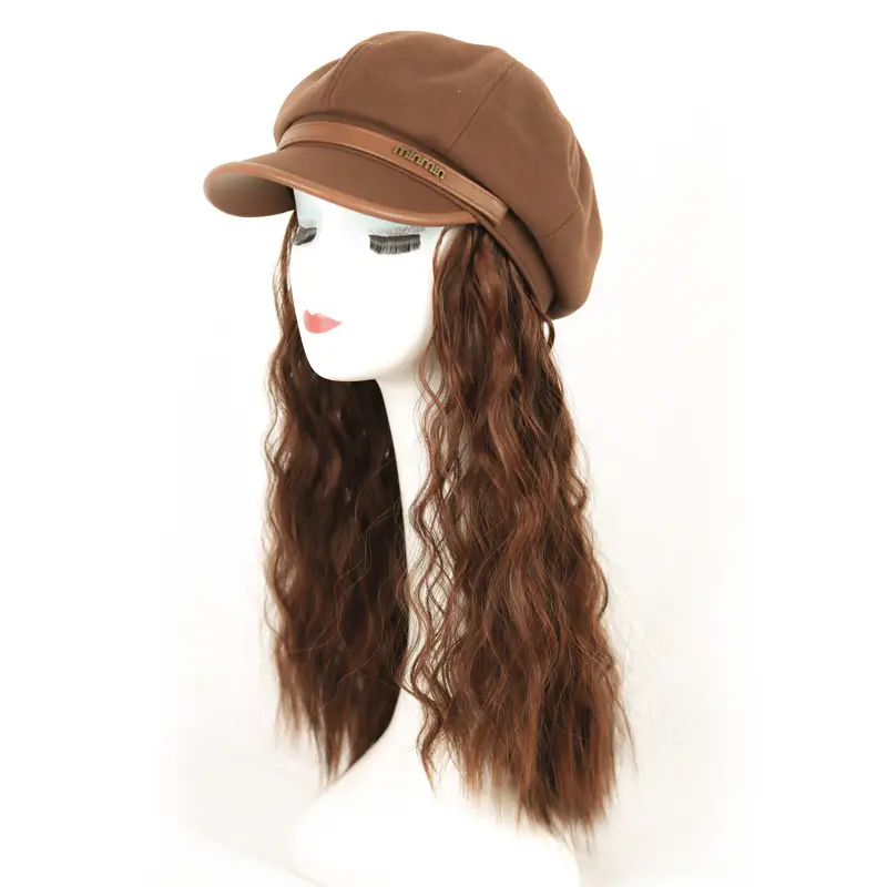 Women's Autumn Brown Wig Cap with Long Wavy Hair