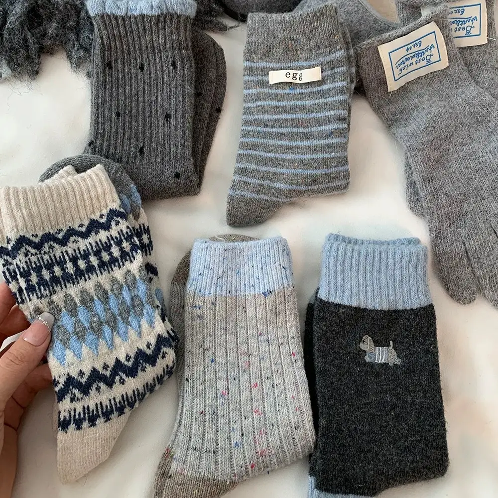 Little Red Book's Best-Selling Model! Winter Wool Socks Combination Gray Button Thickeneded Warm Pile Socks Mid-Calf Socks for Women — feature 5