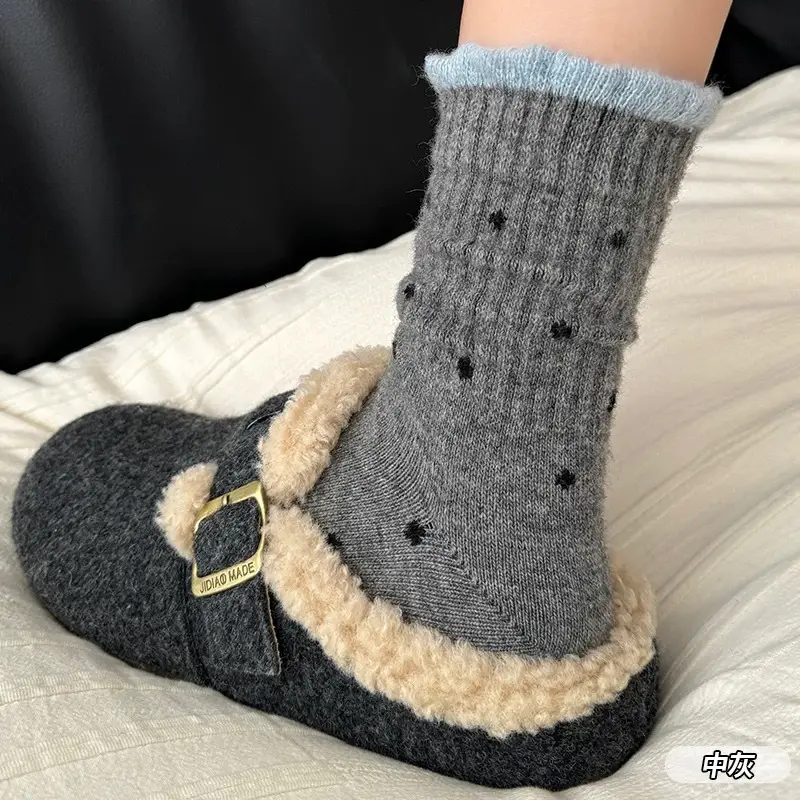 Little Red Book's Best-Selling Model! Winter Wool Socks Combination Gray Button Thickeneded Warm Pile Socks Mid-Calf Socks for Women — feature 8