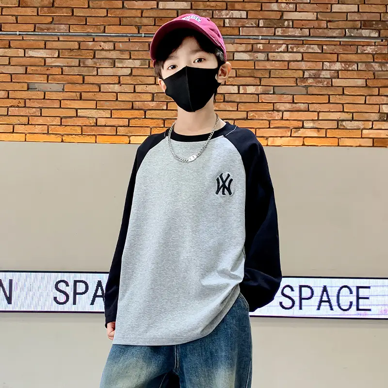 Boys Long Sleeve T-Shirt Grey Black Cotton 2025 - Image 2