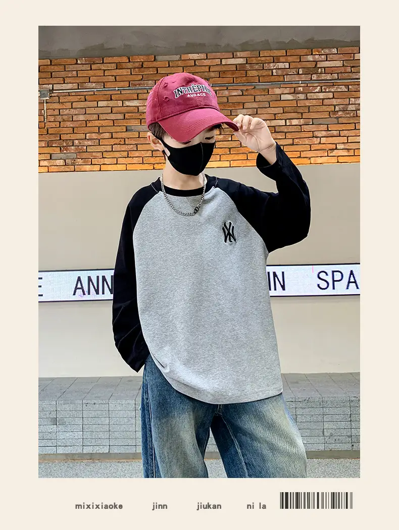 Boys Long Sleeve T-Shirt Grey Black Cotton 2025 — feature 7