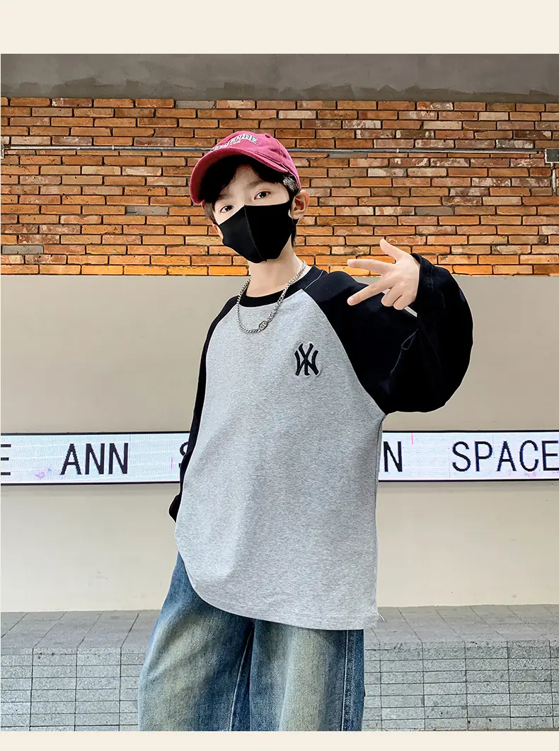 Boys Long Sleeve T-Shirt Grey Black Cotton 2025 — feature 8