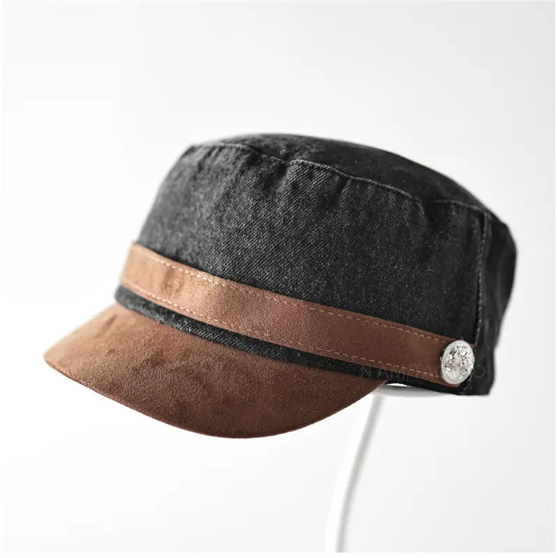 Women British Retro Denim Sunshade Cap with Suede Trim - Image 3