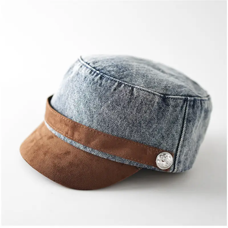 Women British Retro Denim Sunshade Cap with Suede Trim - Image 2
