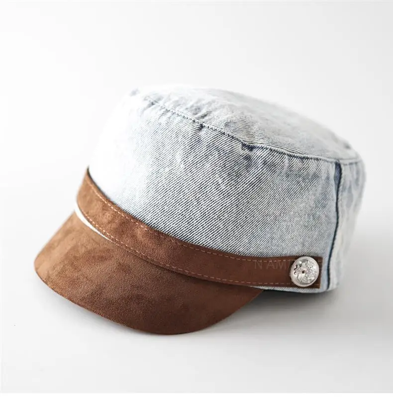 Women British Retro Denim Sunshade Cap with Suede Trim — feature 1