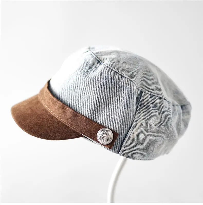 Women British Retro Denim Sunshade Cap with Suede Trim — feature 10