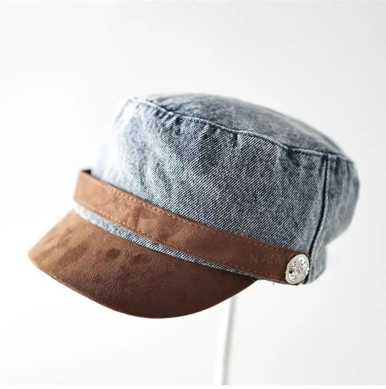 Women British Retro Denim Sunshade Cap with Suede Trim — feature 9