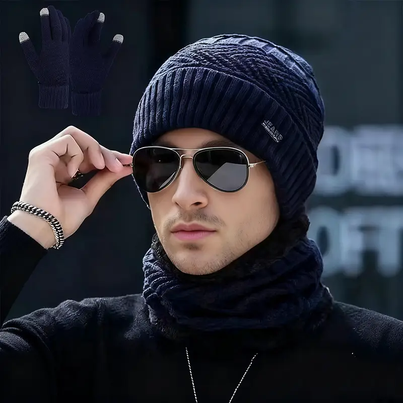 Cross-Border Hat Three-Piece Set, Warm Neck Scarf for Men and Women, Winter Velvet Thickened Knitted Hat, Touch Screen Gloves, Woolen Hat