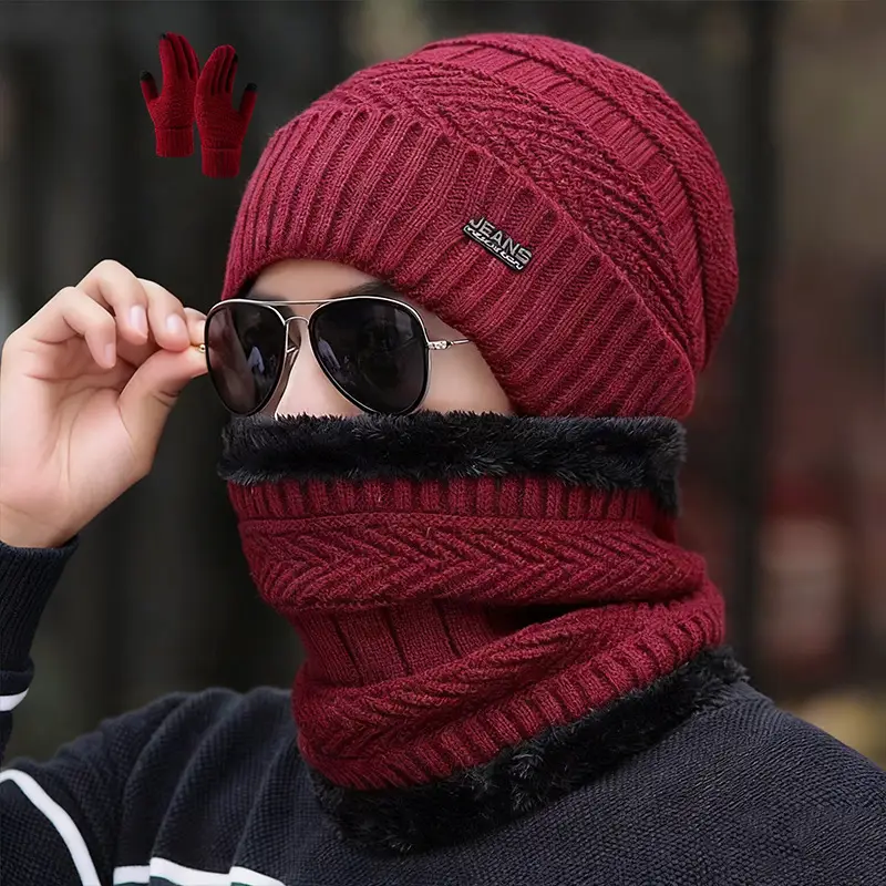 Cross-Border Hat Three-Piece Set, Warm Neck Scarf for Men and Women, Winter Velvet Thickened Knitted Hat, Touch Screen Gloves, Woolen Hat — feature 1