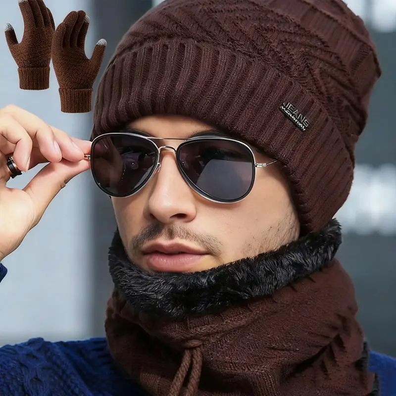 Cross-Border Hat Three-Piece Set, Warm Neck Scarf for Men and Women, Winter Velvet Thickened Knitted Hat, Touch Screen Gloves, Woolen Hat — feature 3