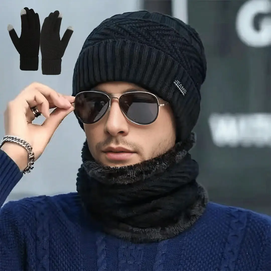 Cross-Border Hat Three-Piece Set, Warm Neck Scarf for Men and Women, Winter Velvet Thickened Knitted Hat, Touch Screen Gloves, Woolen Hat — feature 5