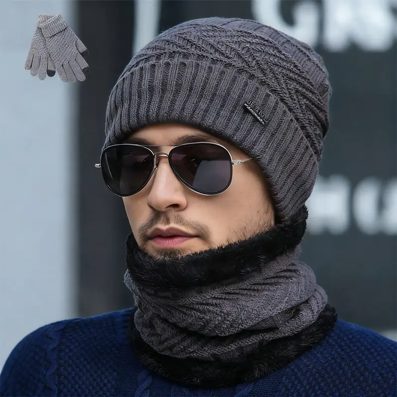 Cross-Border Hat Three-Piece Set, Warm Neck Scarf for Men and Women, Winter Velvet Thickened Knitted Hat, Touch Screen Gloves, Woolen Hat