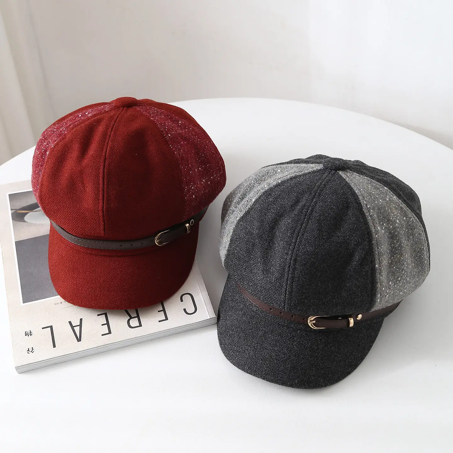 Women British Style Leather Buckle Cap Red Grey